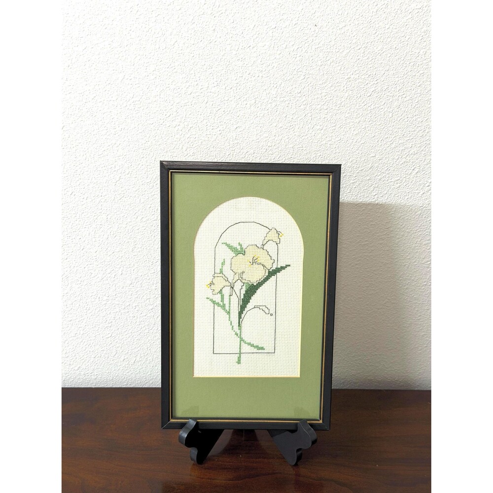 Vintage 1982 Framed Floral Cross Stitch Handmade Botanical Wall Art